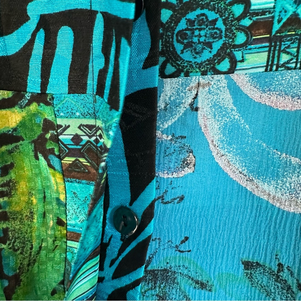 Chico's silk linen blend Asian inspired patchwork button down jacket blue green - Picture 4 of 6